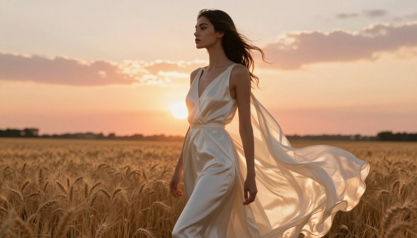 High fashion editorial portrait of a woman in ivory silk dress in a wheat field at sunset