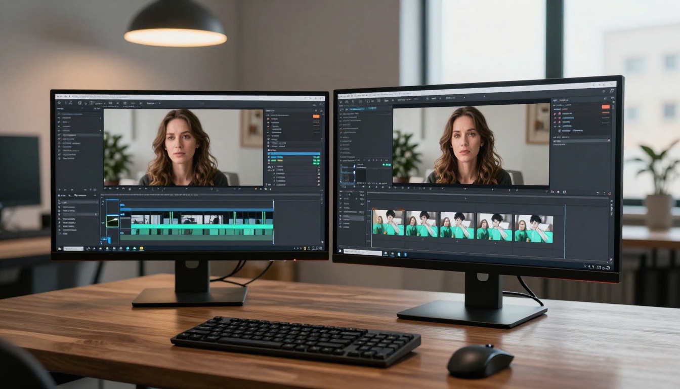 A professional workstation with dual monitors showing a photo transforming into a video timeline