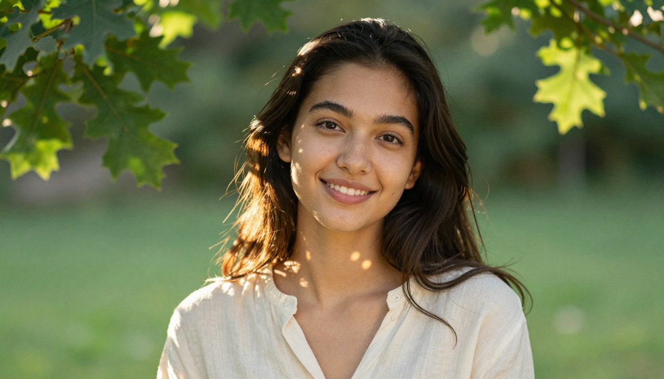 Portrait of a woman in a sunlit garden with natural light and bokeh background Portrait of a woman in a sunlit garden with natural light and bokeh background