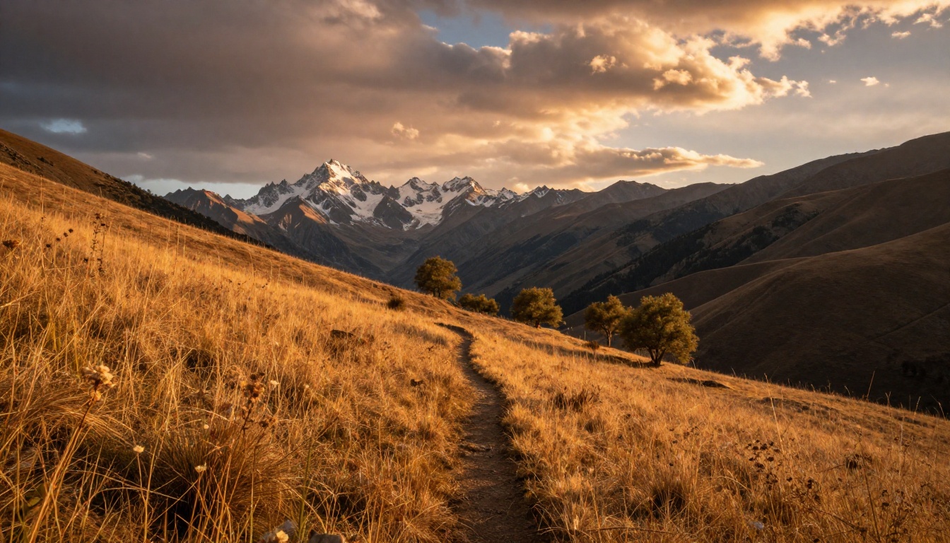 Vast mountain valley at golden hour with a hiking trail and dramatic cloud formations Vast mountain valley at golden hour with a hiking trail and dramatic cloud formations