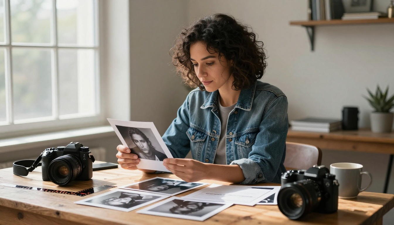 A professional photographer reviewing printed contact sheets and portrait photographs on a wooden desk