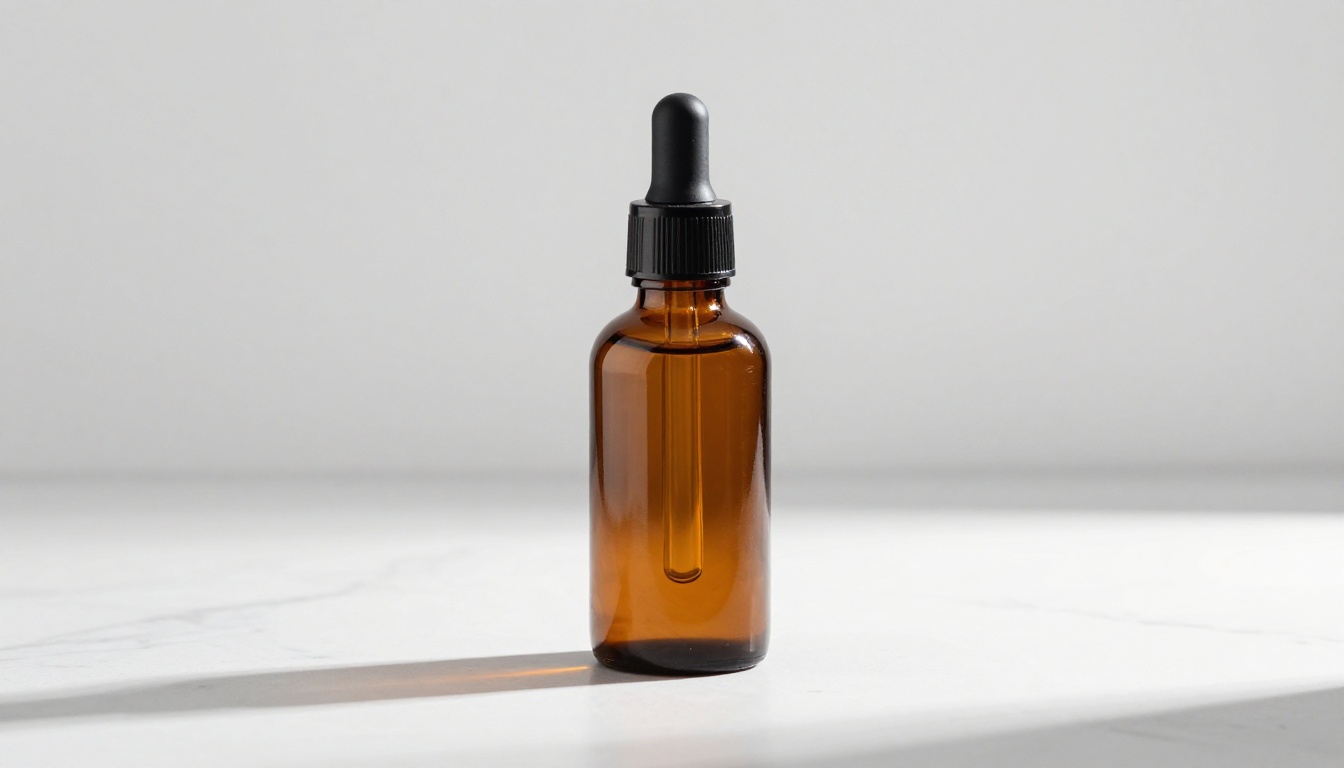 Luxury skincare bottle on a white marble surface with studio softbox lighting Luxury skincare bottle on a white marble surface with studio softbox lighting