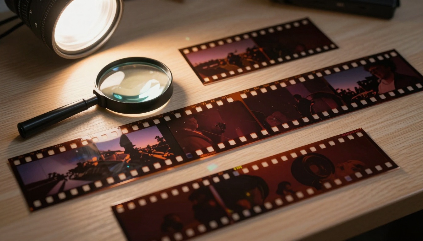Multiple printed film strips arranged in sequence on a professional lightbox desk surface