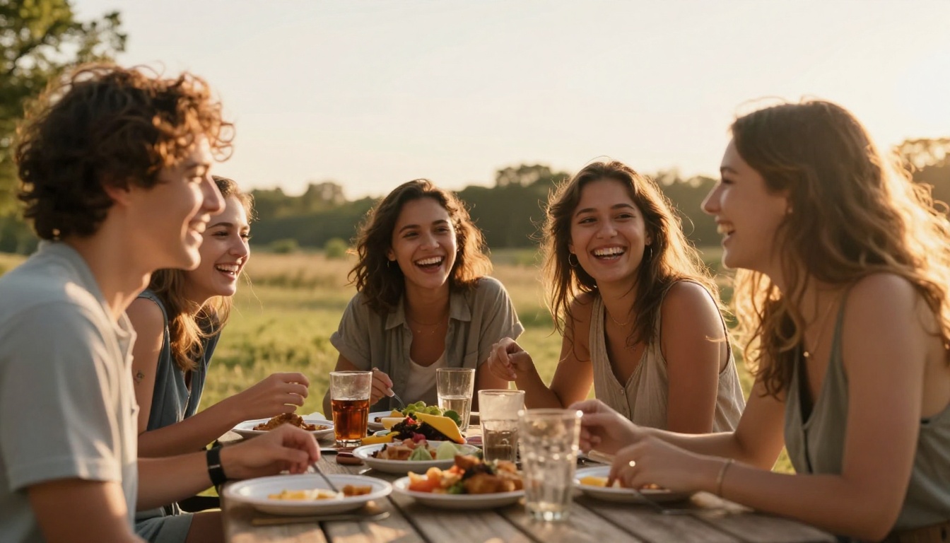 Group of friends laughing at an outdoor table during golden hour Group of friends laughing at an outdoor table during golden hour