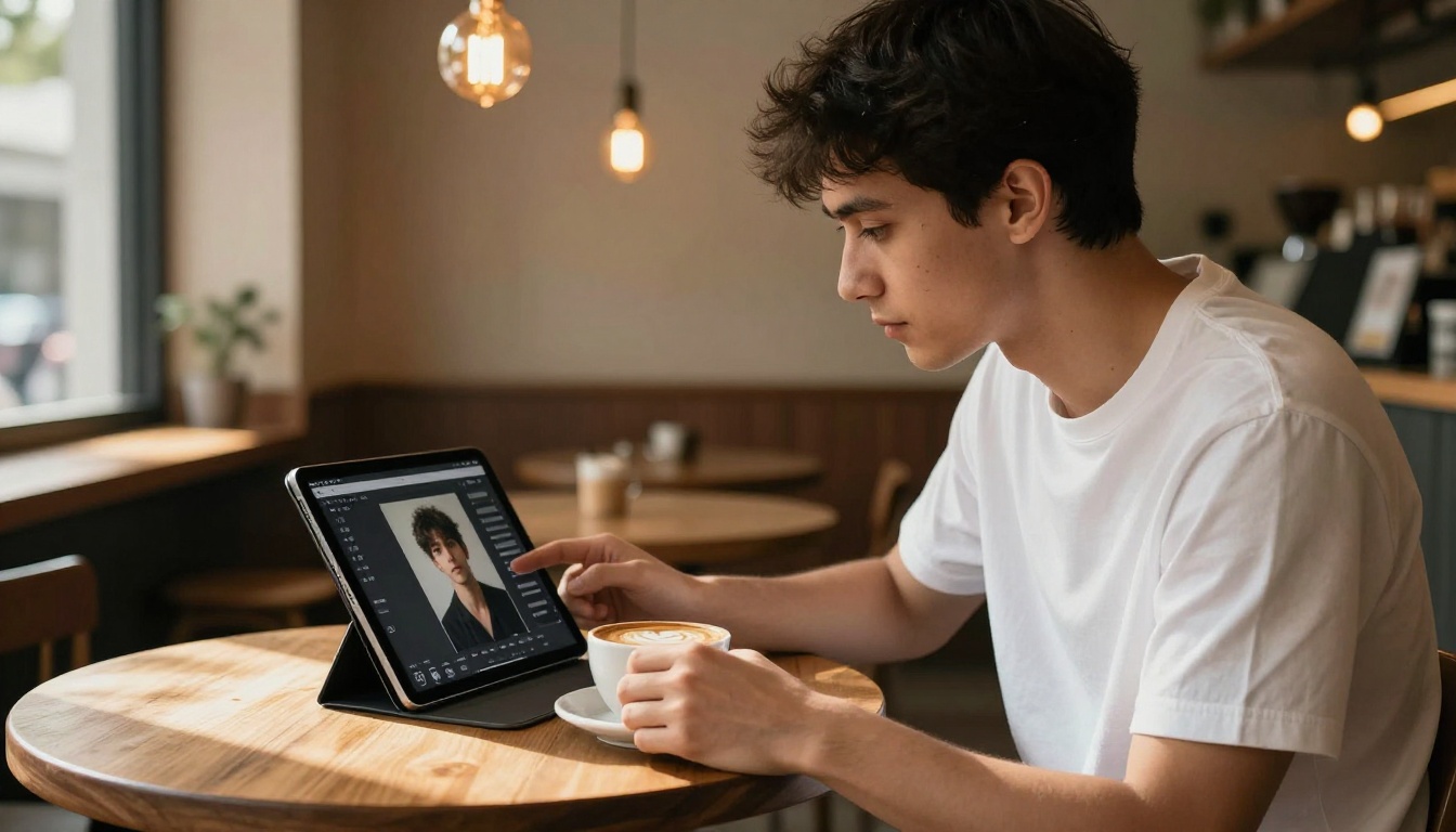 A young man using a tablet at a cafe to animate a photograph with an AI interface