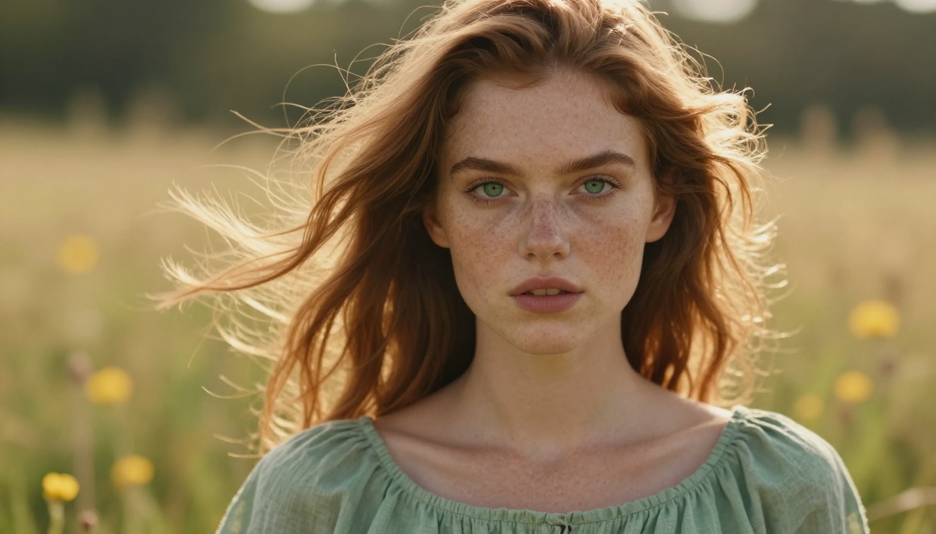 A young woman with auburn hair in a sunlit meadow, hair flowing dynamically in the breeze