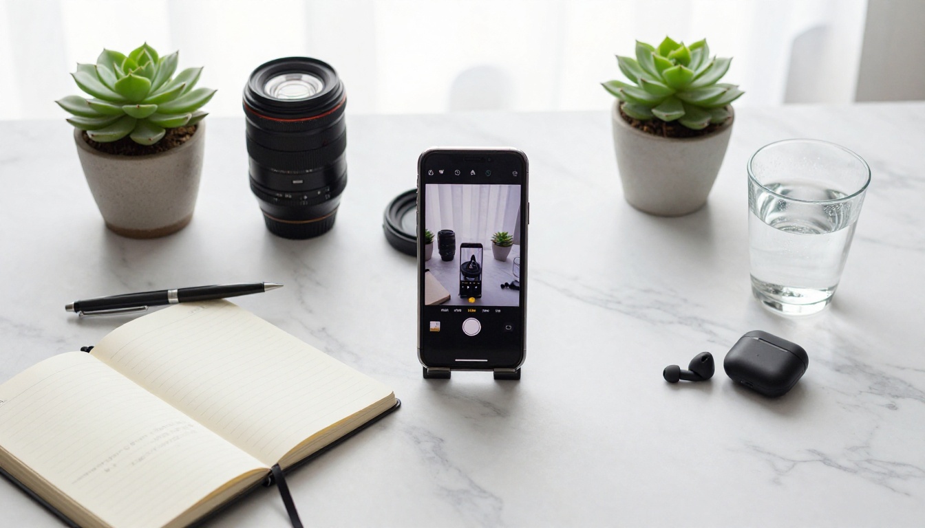 A content creator's flat-lay workspace with smartphone, camera lenses, notebook, and succulent on a marble surface