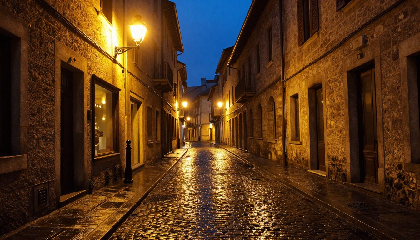 Narrow cobblestone alley in a European city at twilight with warm glowing streetlights Narrow cobblestone alley in a European city at twilight with warm glowing streetlights