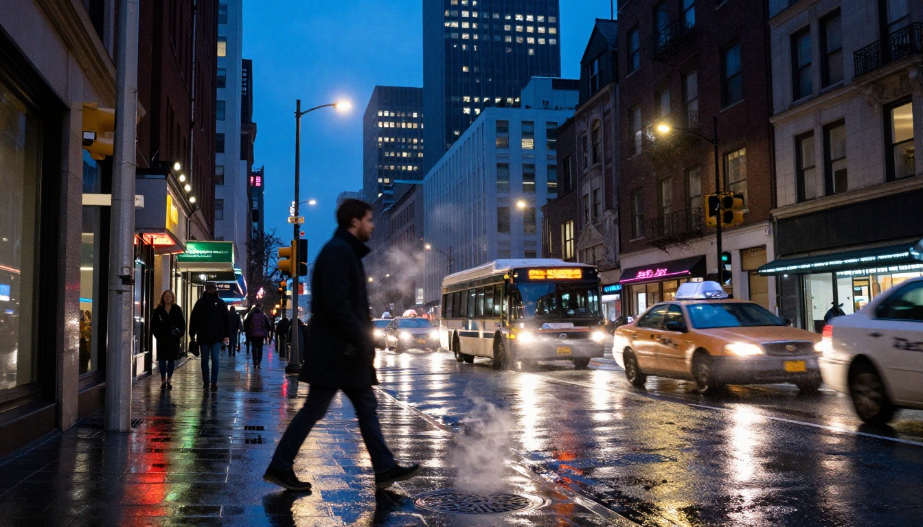 Wet city street at blue hour with light reflections and motion-blurred pedestrians