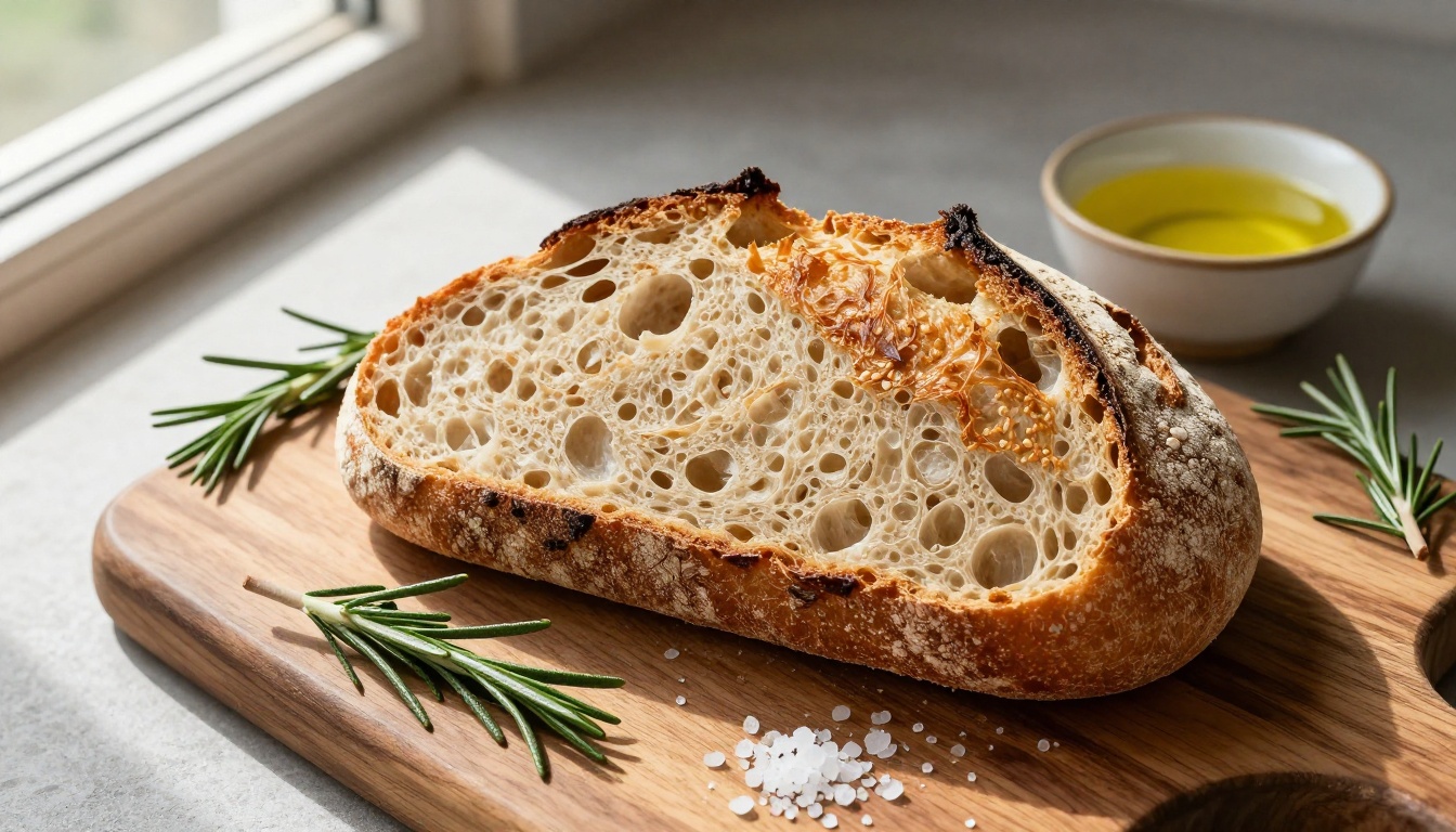 Overhead flat-lay of sourdough bread with rosemary and olive oil on a walnut cutting board