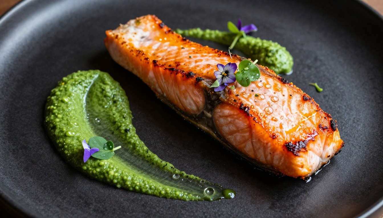 Overhead close-up of a seared salmon gourmet dish on a matte black ceramic plate