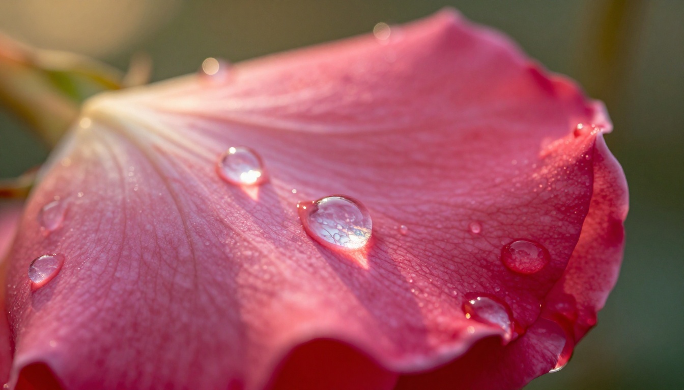 Extreme macro close-up of a dew-covered rose petal with water droplet refractions at dawn
