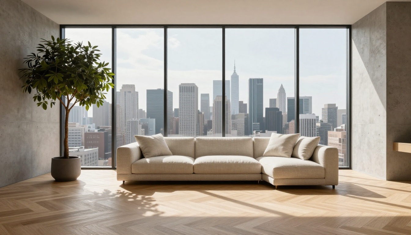 Minimalist luxury interior with geometric light patterns on pale oak floor