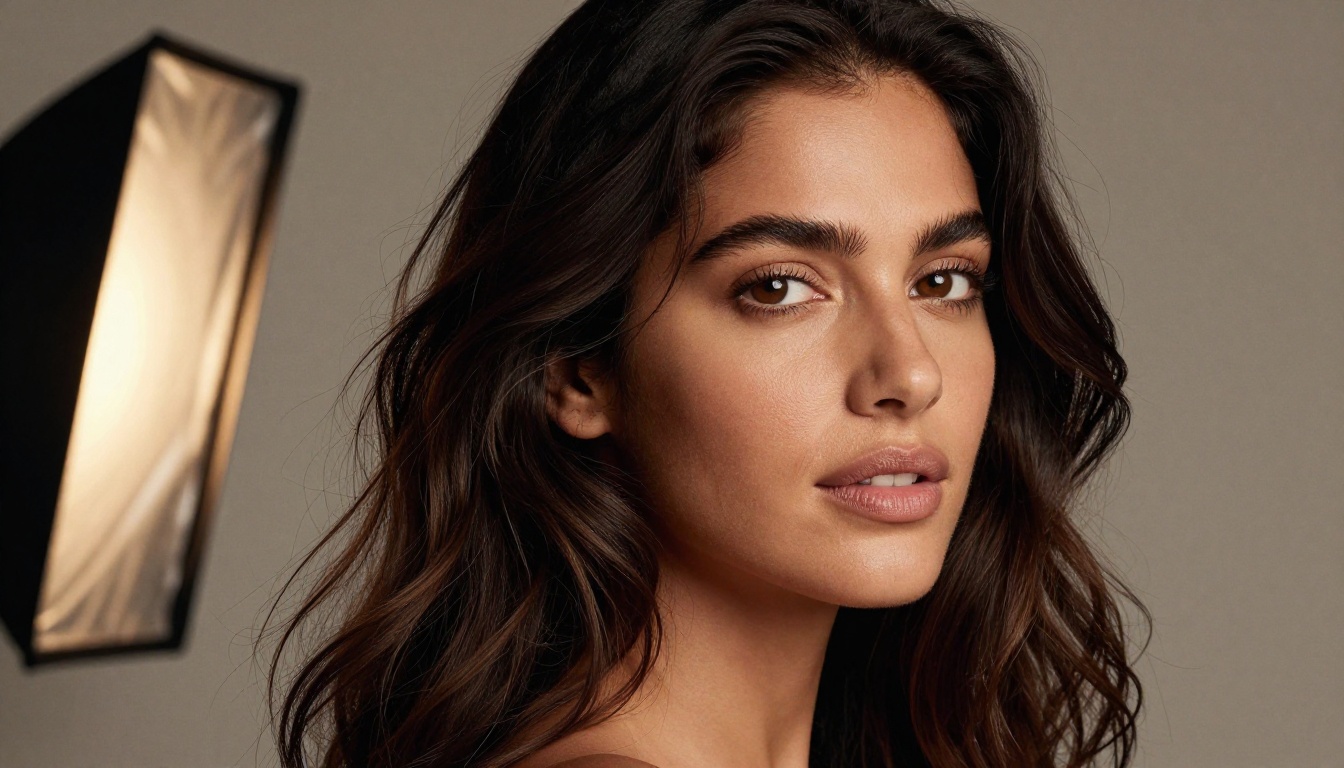Beauty portrait of a woman with olive skin and dark hair under warm studio lighting