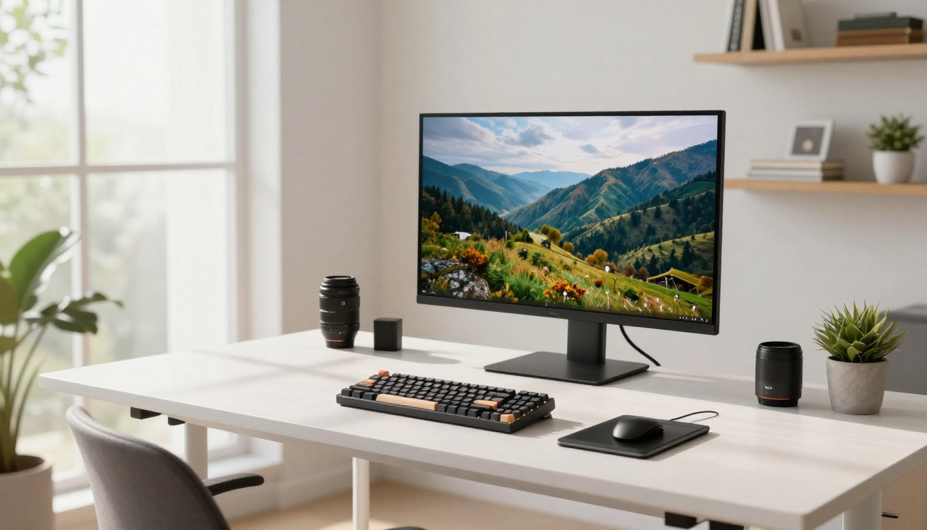 Minimalist home studio desk setup with large monitor and natural window light