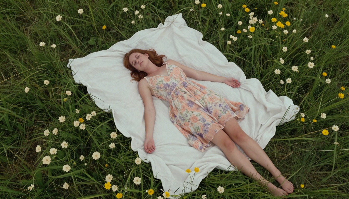 Woman lying on green meadow with wildflowers, aerial shot, pastel sundress, photorealistic