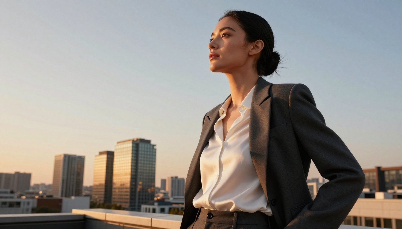 Confident woman on city rooftop at golden hour, low-angle dramatic shot, blazer and silk blouse