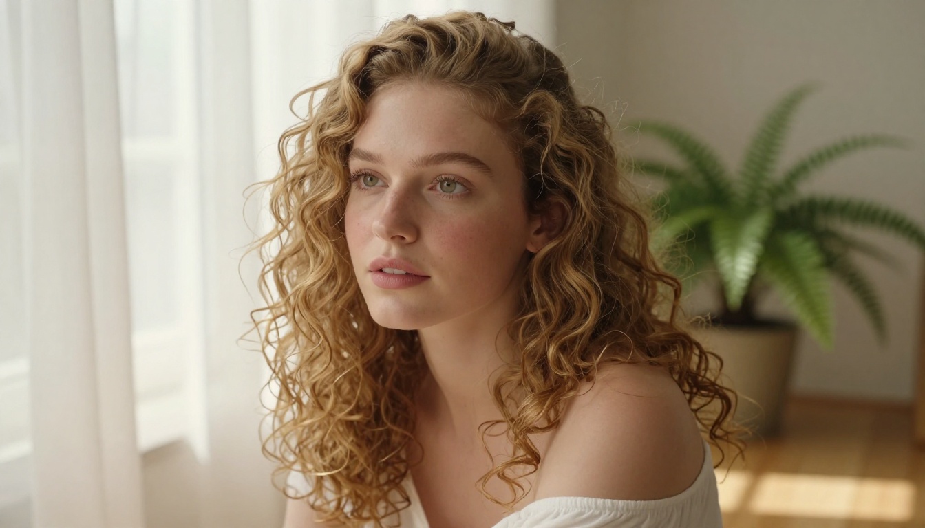 Close-up beauty portrait by window, natural morning light, honey-blonde curly hair, soft bokeh