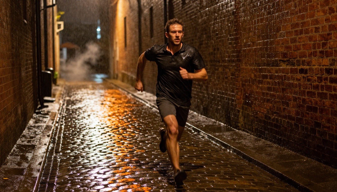Cinematic night chase scene through rain-soaked alley