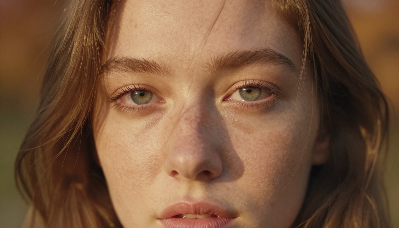 Close-up cinematic portrait of a young woman at golden hour