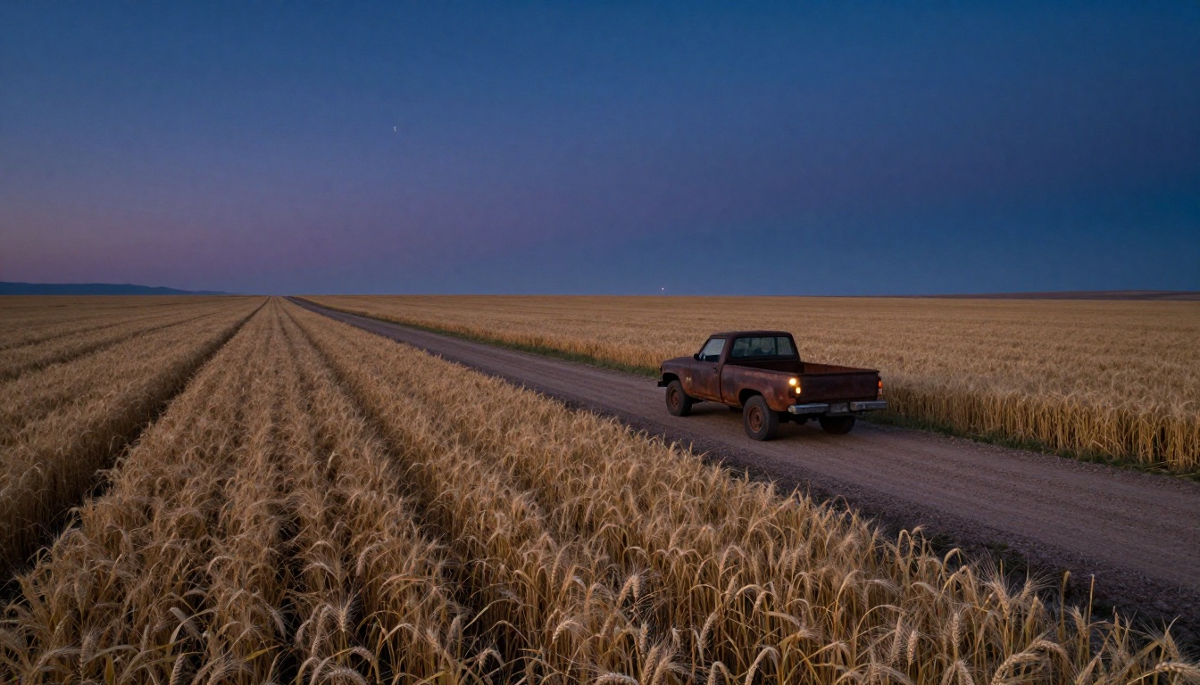 Aerial pre-dawn wheat field establishing shot