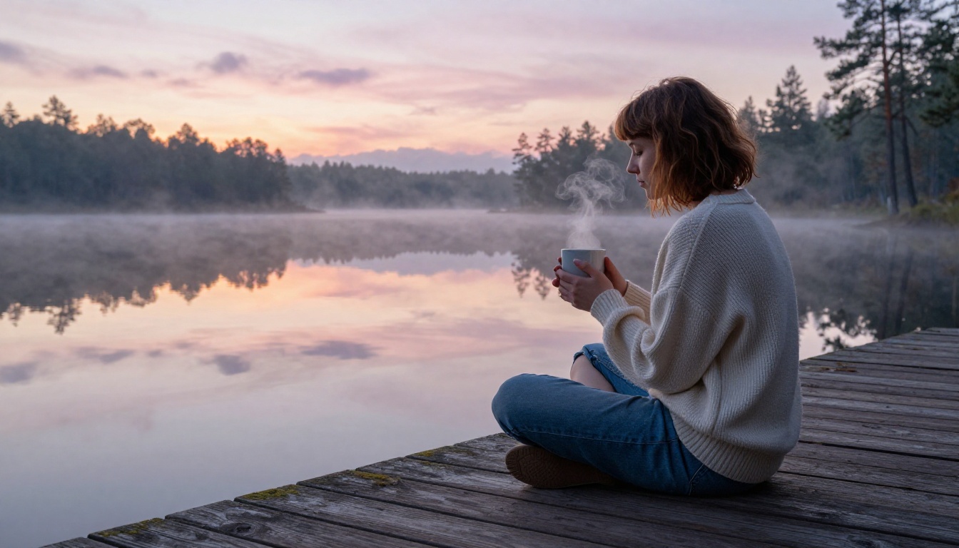 Woman sitting cross-legged on dock at dawn, coffee mug, lake reflections, pink sky