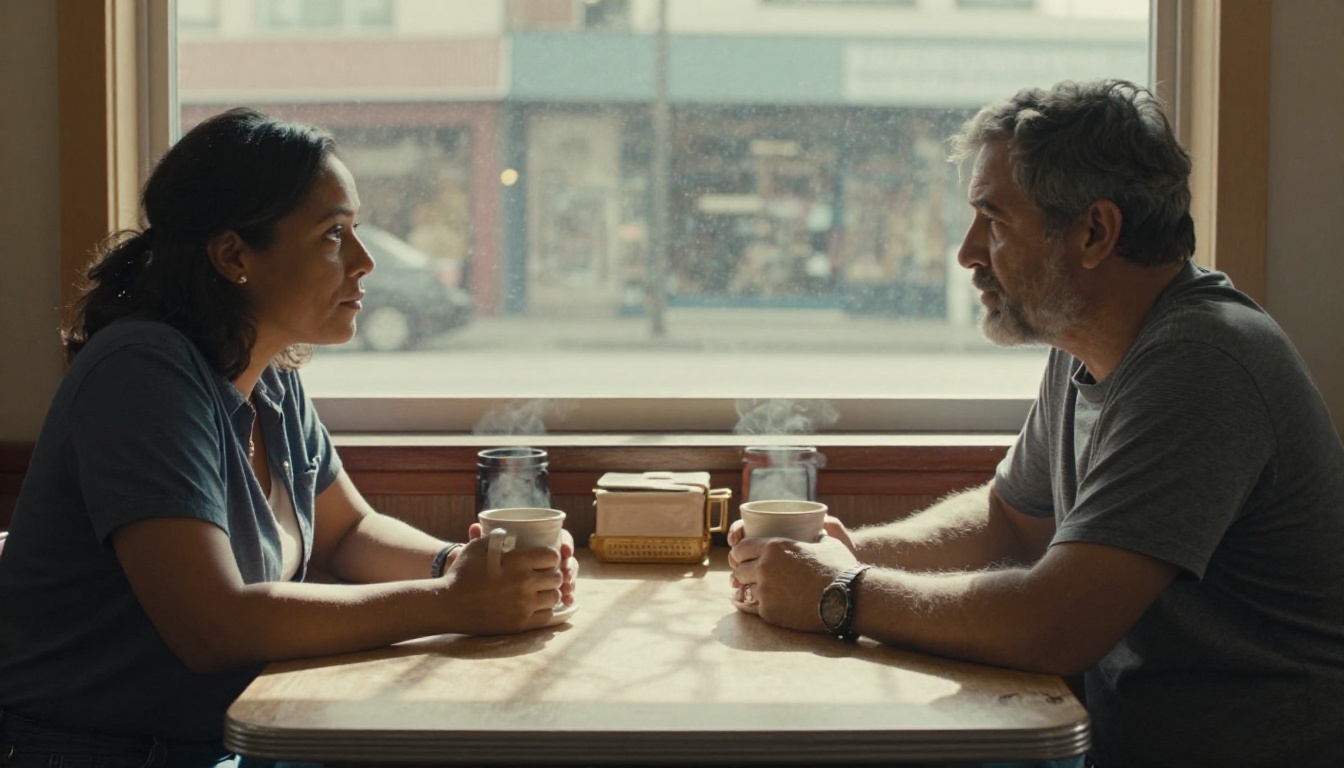 Two characters in a worn diner, afternoon window light