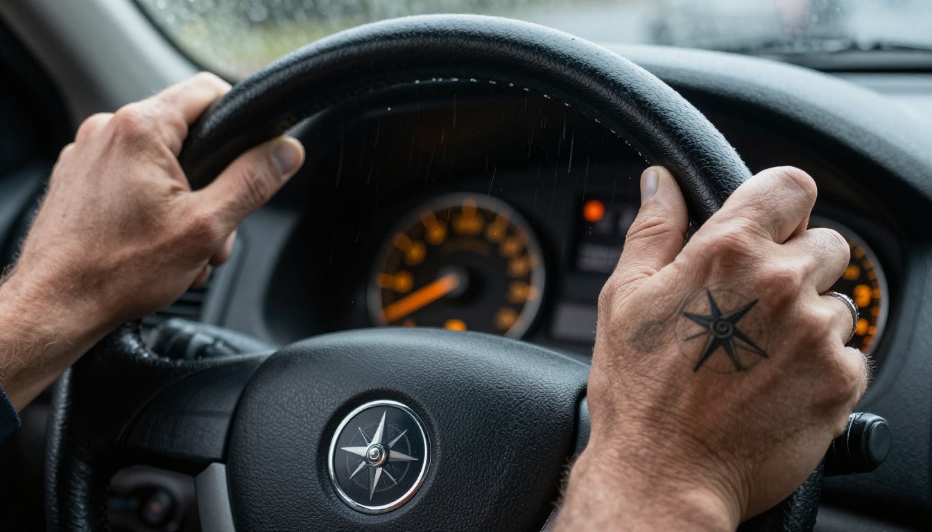 Weathered hands gripping a steering wheel in rain