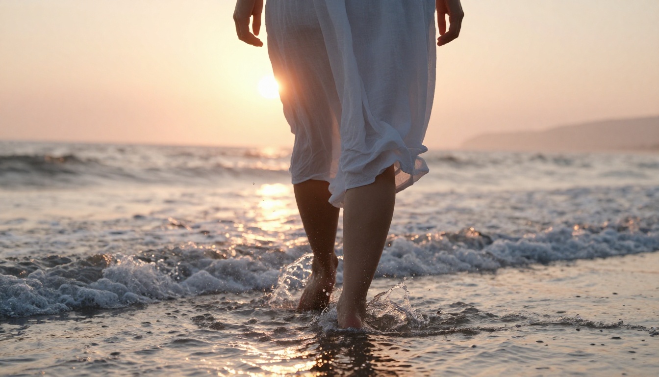 Woman walking through ocean surf at sunrise, backlit silhouette