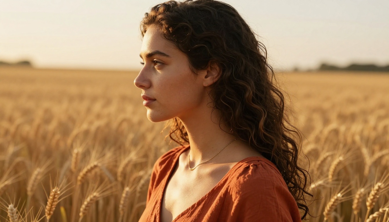 Woman in wheat field, side profile, golden rim light from right, rust-orange linen dress