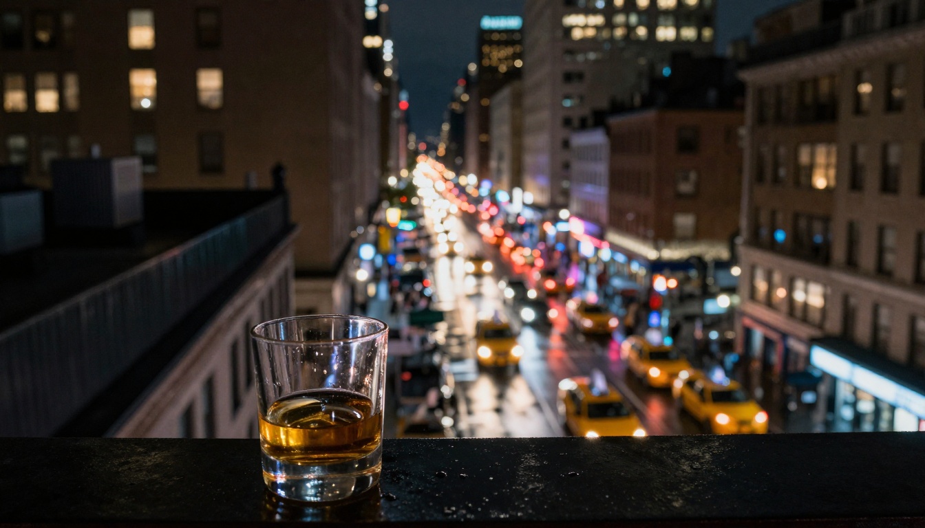 New York rooftop, high angle night shot, city below