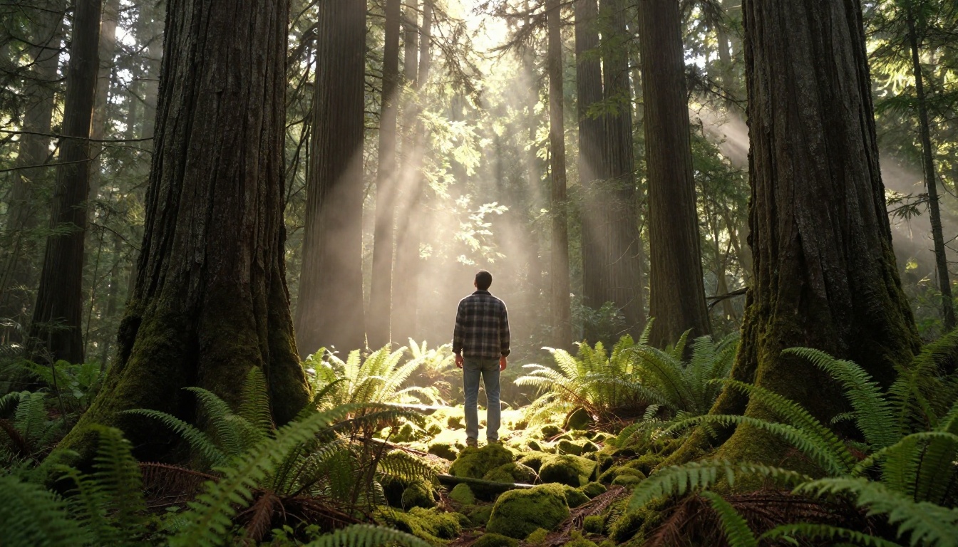 Man standing in old-growth Pacific Northwest forest at dawn