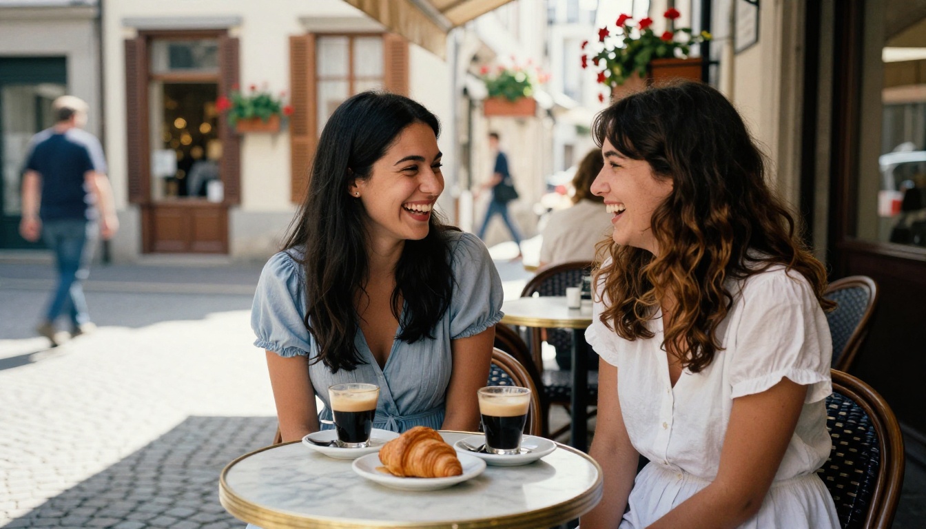 Two women laughing at outdoor European cafe, candid street scene, summer dresses