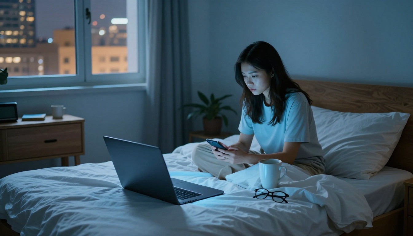 Sparse apartment bedroom at 3am, lit by laptop screen