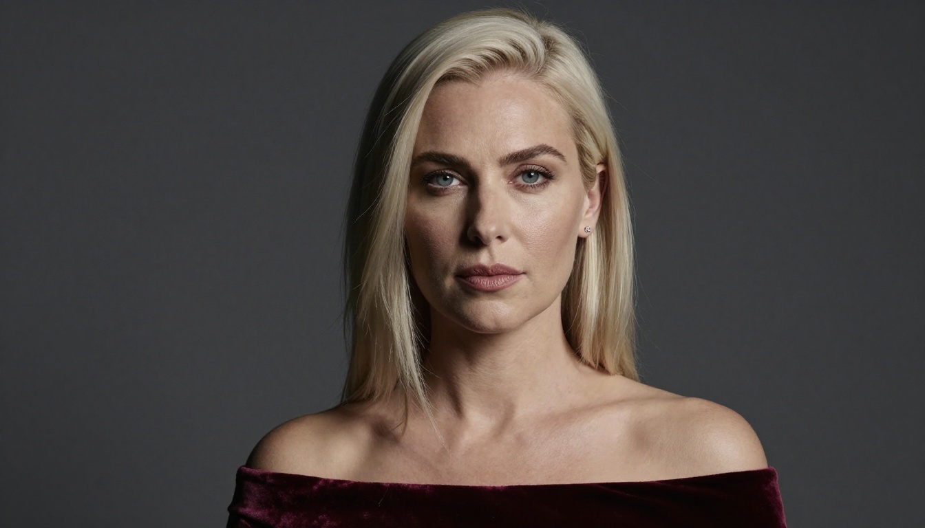 Studio portrait, platinum blonde woman, Rembrandt lighting, burgundy velvet, editorial aesthetic