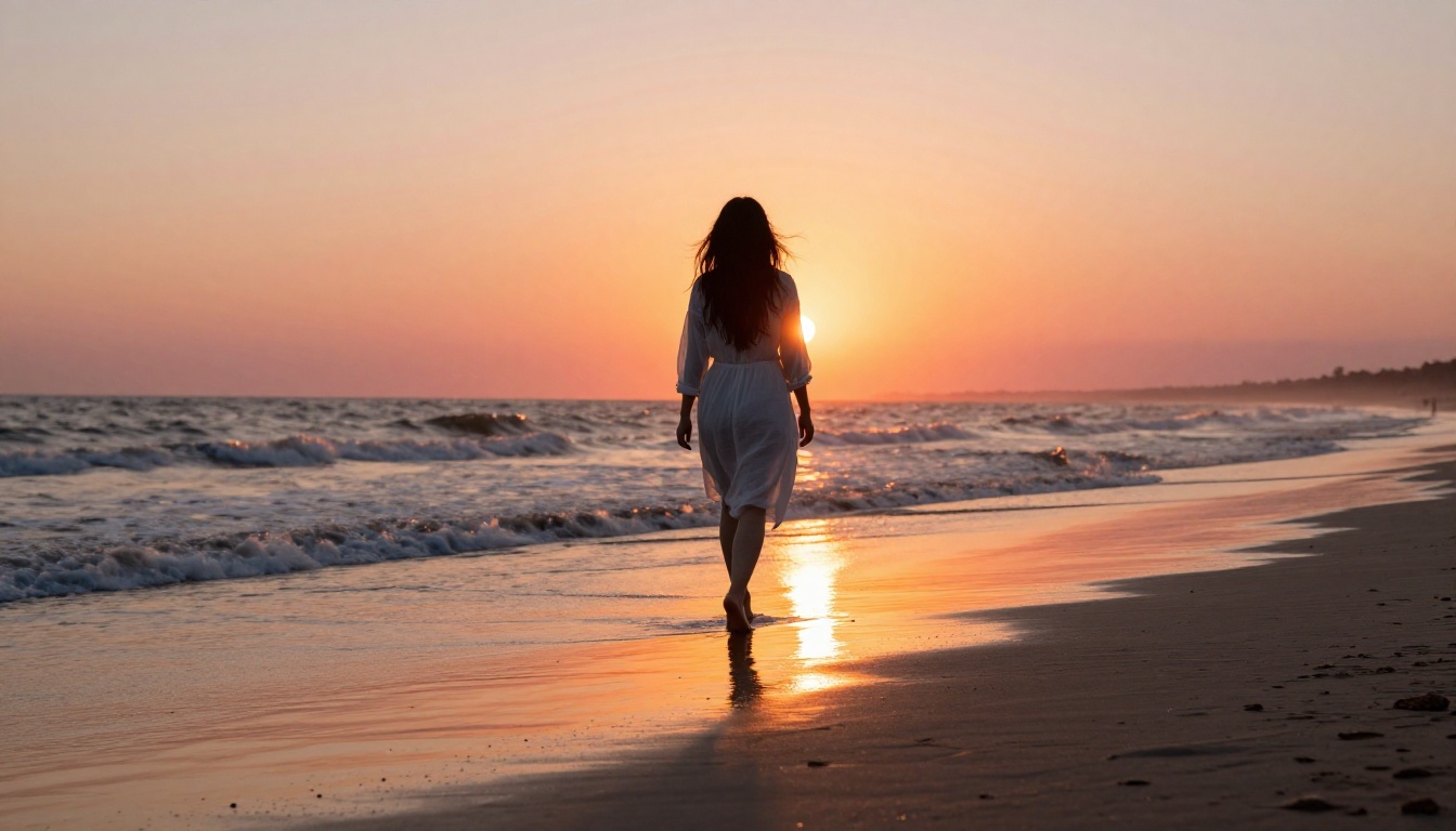 Woman walking barefoot on wet shoreline at sunset, backlit silhouette, sand reflections