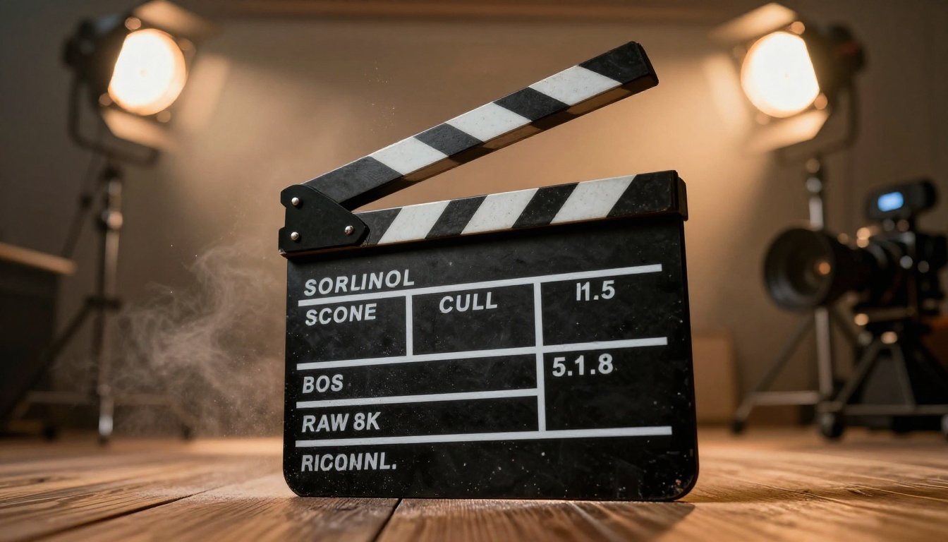 A film clapperboard mid-snap on a production set with warm bokeh lighting