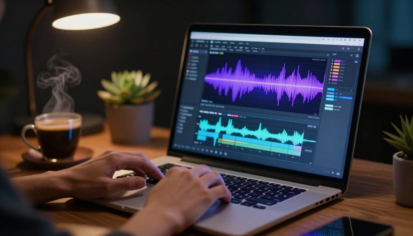 A creative professional at a laptop with an AI video interface glowing on screen