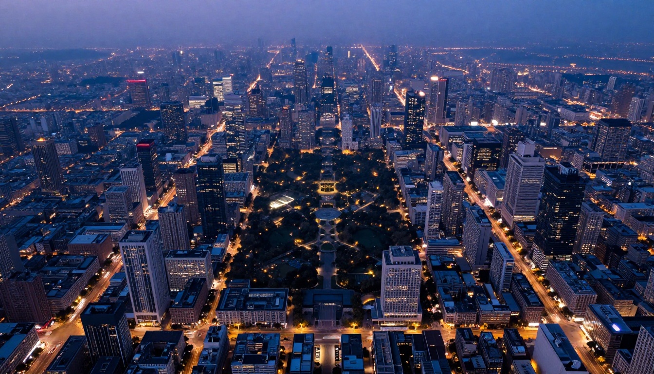 Aerial view of an urban cityscape at blue hour with vehicle light trails