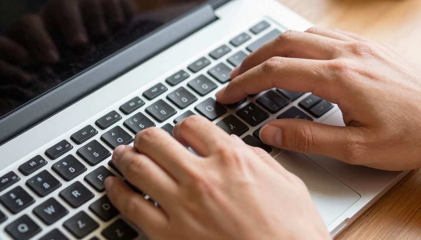 Person's hands typing on a laptop keyboard with warm afternoon window light