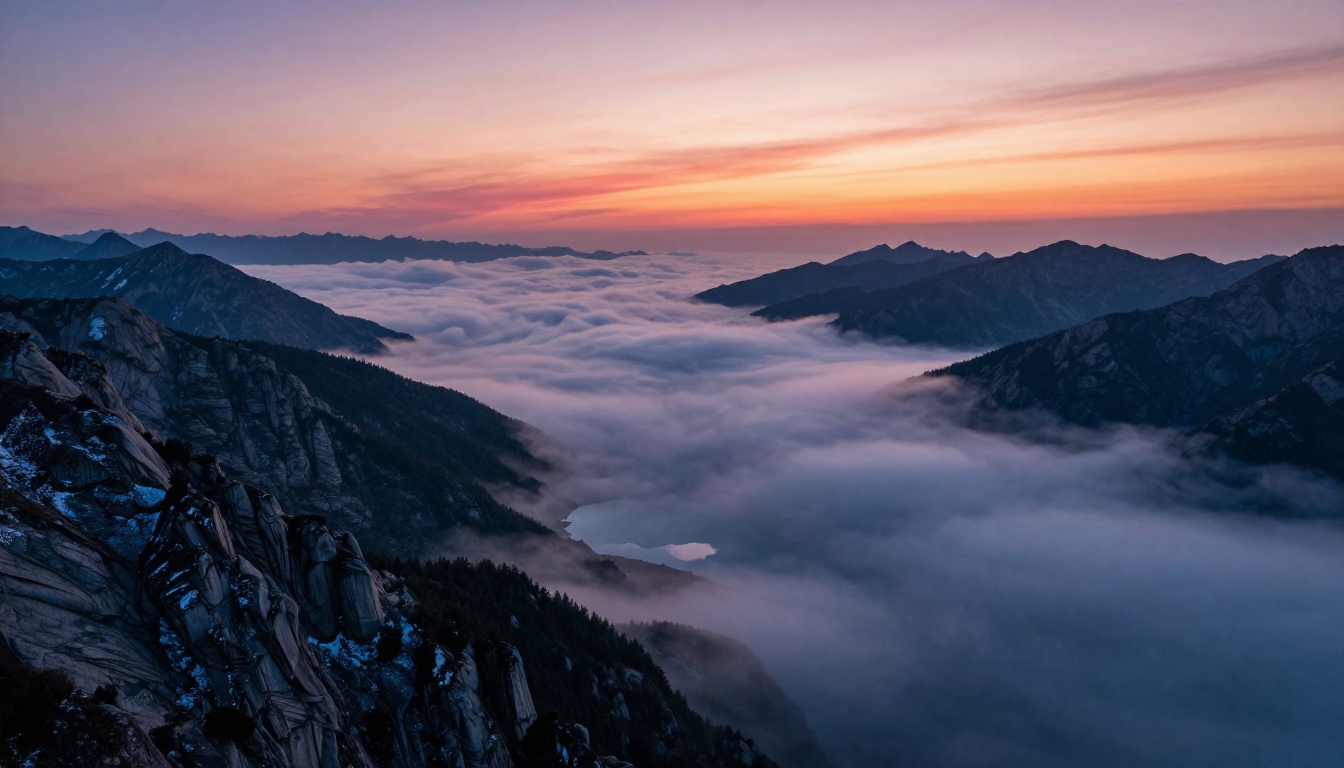 Sweeping aerial landscape of alpine mountains at first light with fog filling valleys