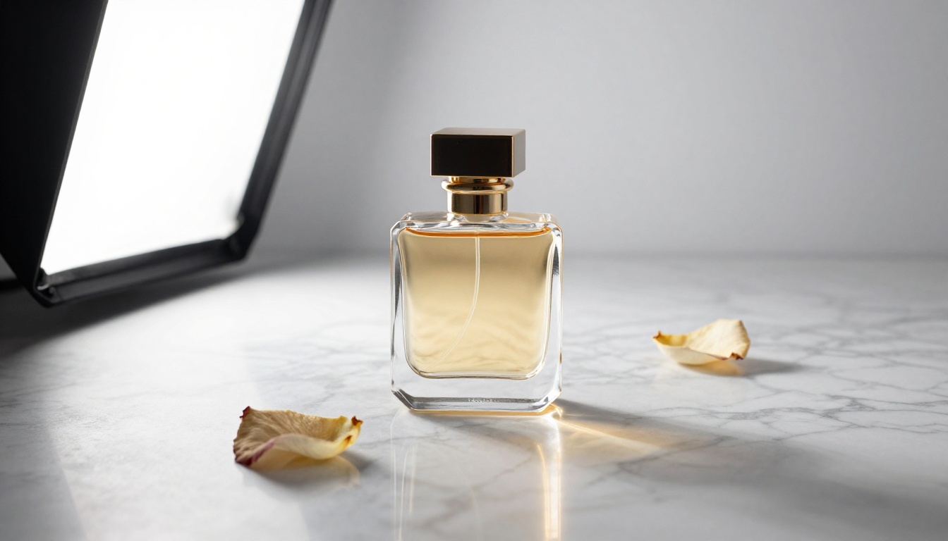 A luxury glass perfume bottle on polished marble surface under professional studio lighting