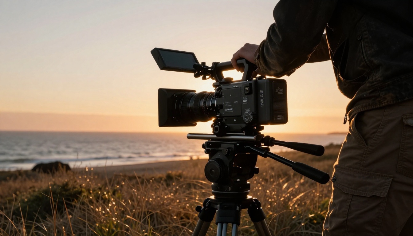 A filmmaker capturing a sweeping coastal landscape at golden hour with a professional cinema camera