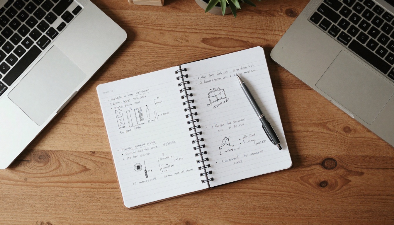 Flat-lay desk with open notebook and laptop Flat-lay desk with open notebook and laptop