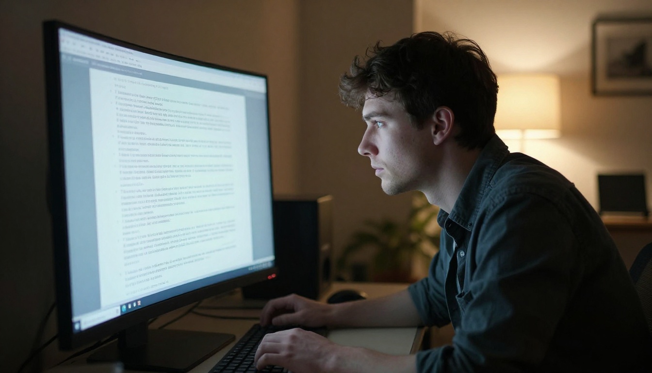 Man studying text on curved monitor in home office
