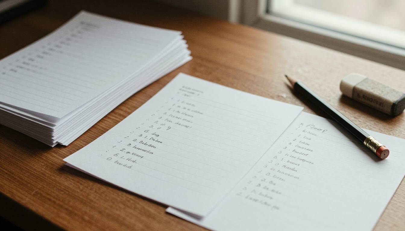 Index cards with handwritten notes on walnut desk Index cards with handwritten notes on walnut desk