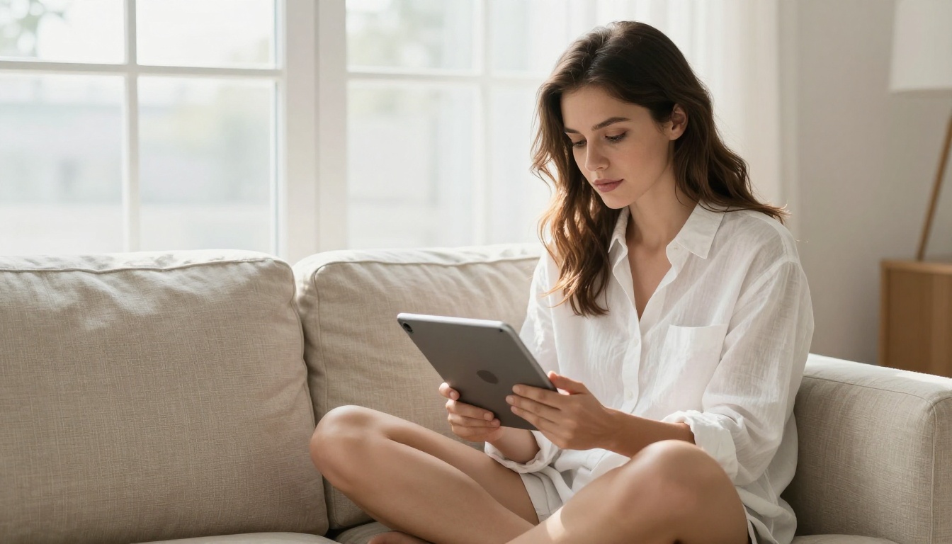Woman reading tablet in bright Scandinavian apartment Woman reading tablet in bright Scandinavian apartment