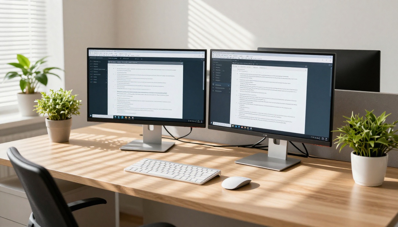 Open-plan office with dual monitors and plants