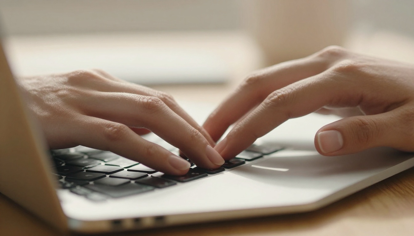 Close-up of elegant hands resting on a silver laptop keyboard, natural morning light casting soft diffused shadows across the keys