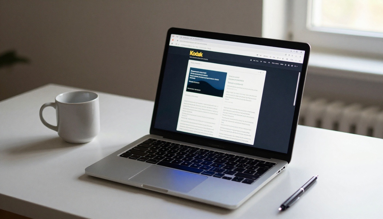 Modern laptop screen with a dark-theme text interface on a minimalist desk, warm room light mixing with cool screen glow